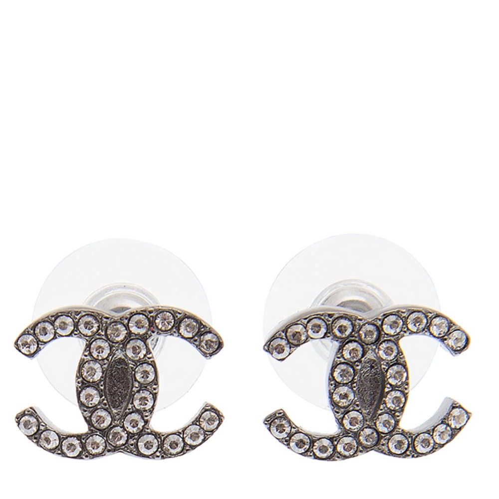 CHANEL Crystal CC Logo Silver-Tone Earrings